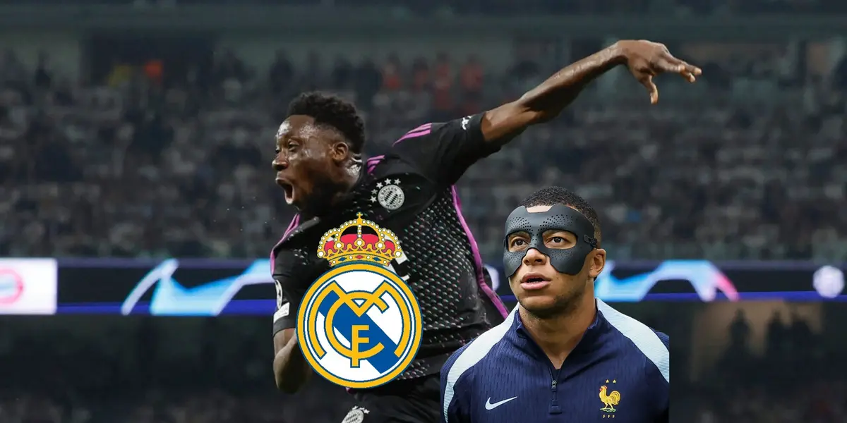 Alphonso Davies celebrates his goal with Bayern Munich while Kylian Mbappé wears the mask and the Real Madrid badge is next to him. (Source: Madrid Xtra X)