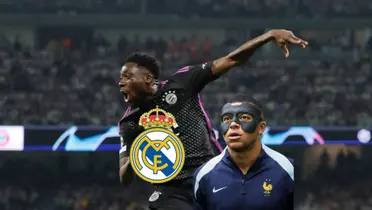 Alphonso Davies celebrates his goal with Bayern Munich while Kylian Mbappé wears the mask and the Real Madrid badge is next to him. (Source: Madrid Xtra X)