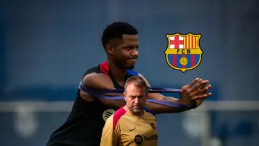 Ansu Fati stretches in training while Hansi Flick looks serious and the FC Barcelona badge is near them. (Source: FC Barcelona X)