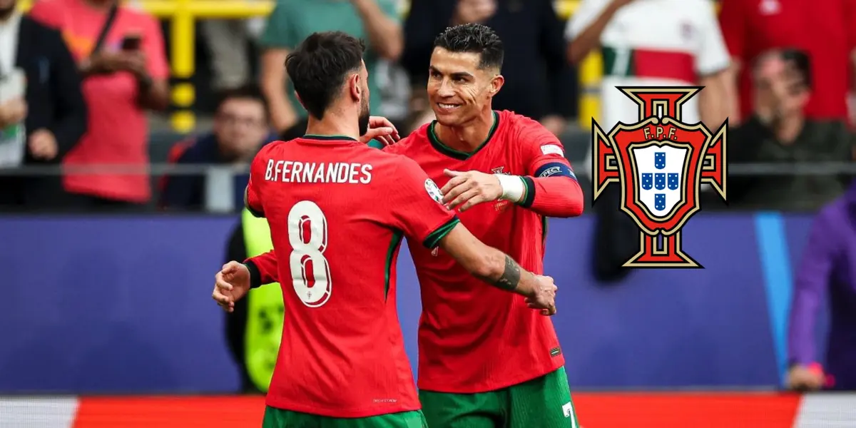 Cristiano Ronaldo and Bruno Fernandes celebrate together after Portugal's third goal and the Portugal national team badge is next to them. (Source: Al Nassr Zone X)