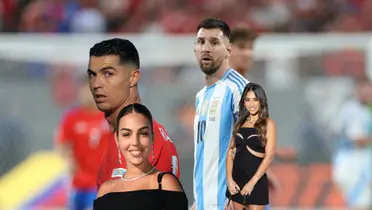 Cristiano Ronaldo and Lionel Messi look to their side while Georgina Rodriguez and Antonela Roccuzzo smile. (Source: Getty Images)