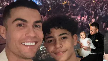 Cristiano Ronaldo and Ronaldo Jr. take a selfie and Neymar hold his baby girl. (Source: Cristiano Ronaldo X, Neymar Jr. X)