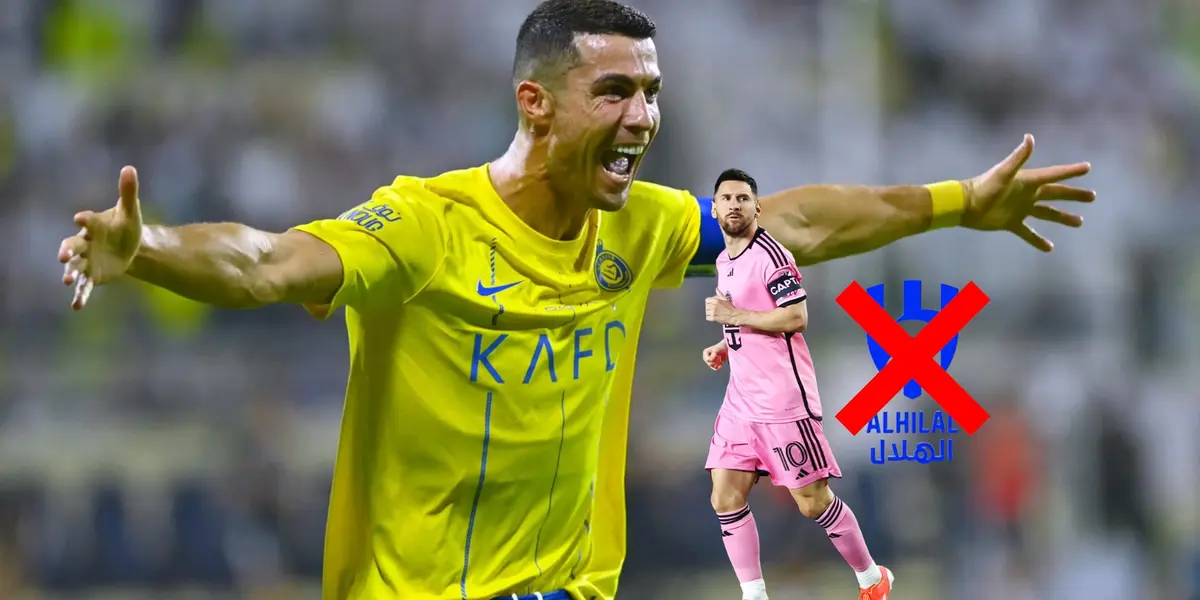 Cristiano Ronaldo celebrates a goal with Al Nassr while Lionel Messi walks with an Inter Miami jersey and the Al Hilal logo is crossed out. (Source: Al Nassr X, Messi Xtra X)