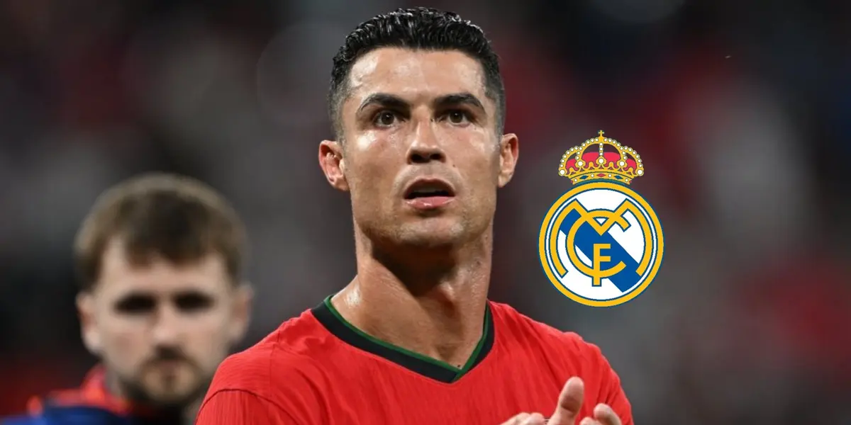 Cristiano Ronaldo claps to the fans while wearing the Portugal jersey and the Real Madrid badge is next to him. (Source: GOATTWORLD X)