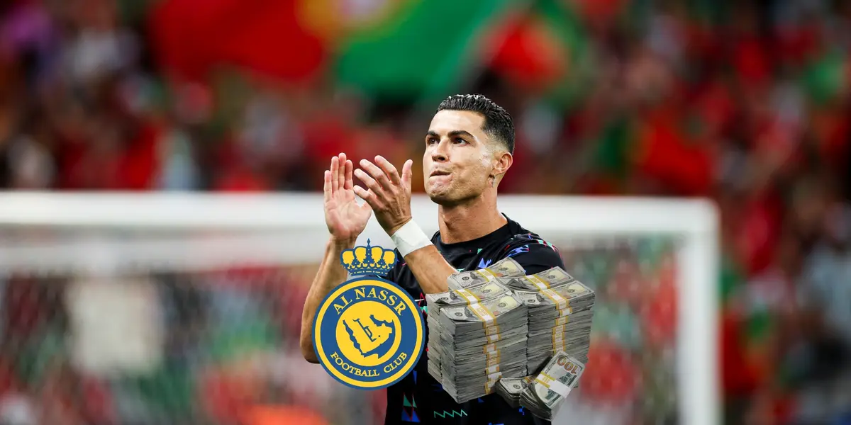 Cristiano Ronaldo claps to the Portugal fans while the Al Nassr badge is next to a stack of cash. (Source: Cristiano Ronaldo X)