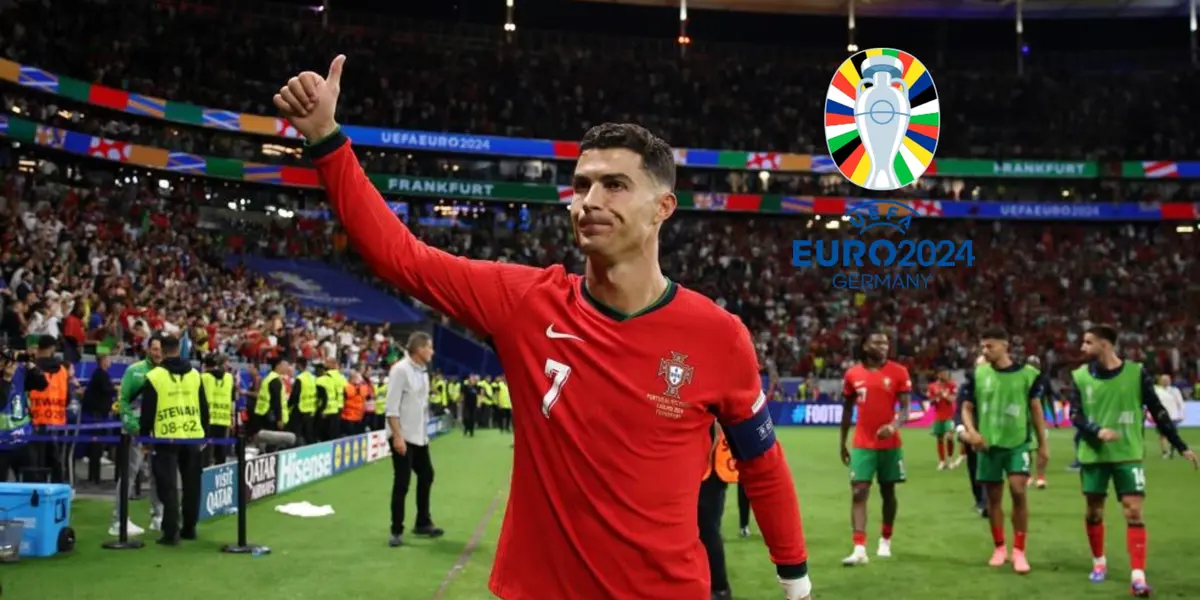 Cristiano Ronaldo does a thumbs up to the crowd as he wears the Portugal jersey and the EURO logo is next to him. (Source: UEFA, GOATTWORLD X)