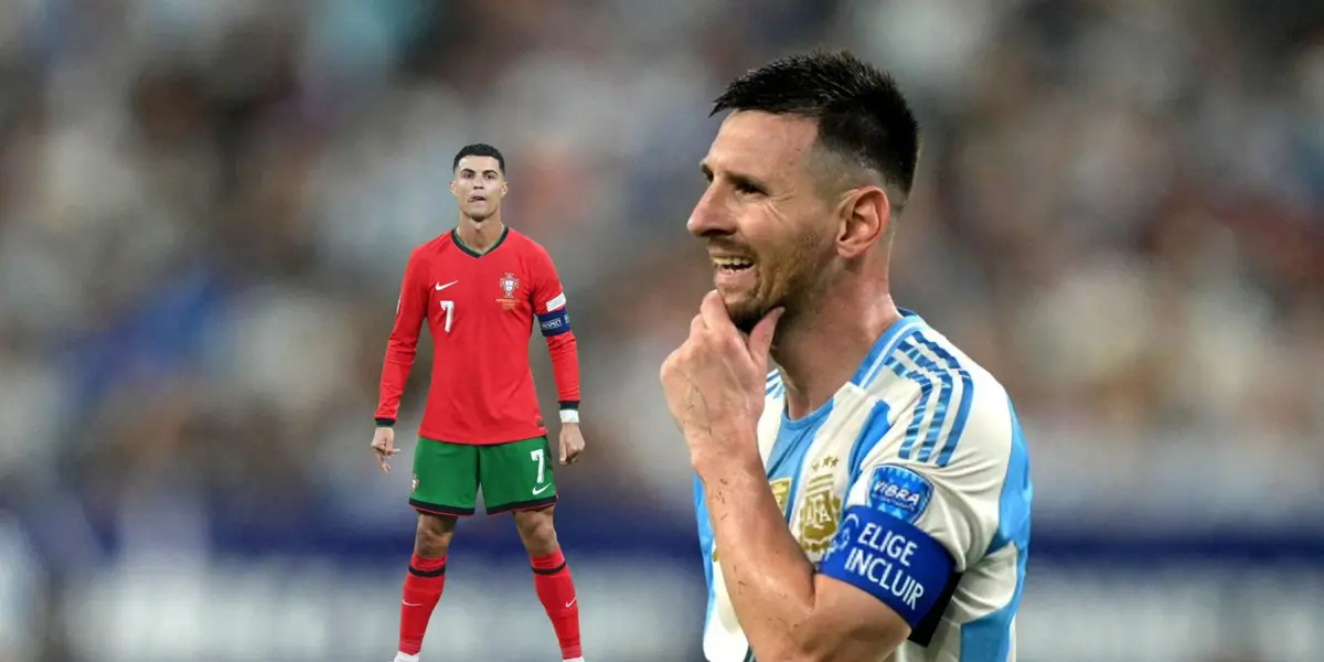 Cristiano Ronaldo does his iconic pose with a Portugal jersey on while Lionel Messi looks worried with an Argentina jersey on. (Source: GOATTWORLD X, Messi Xtra X)