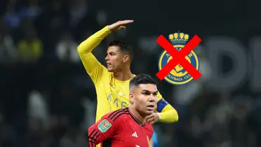 Cristiano Ronaldo looks angry while Casemiro looks concerned with a Manchester United jersey and the Al Nassr badge is crossed out. (Source: GOATTWORLD X)