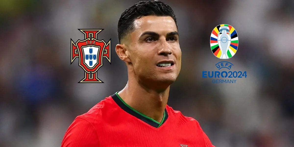 Cristiano Ronaldo looks annoyed as he wears the Portugal jersey; the Portugal national team badge and the EURO 2024 logo is next to him. (Source: UEFA, Al Nassr Zone X)