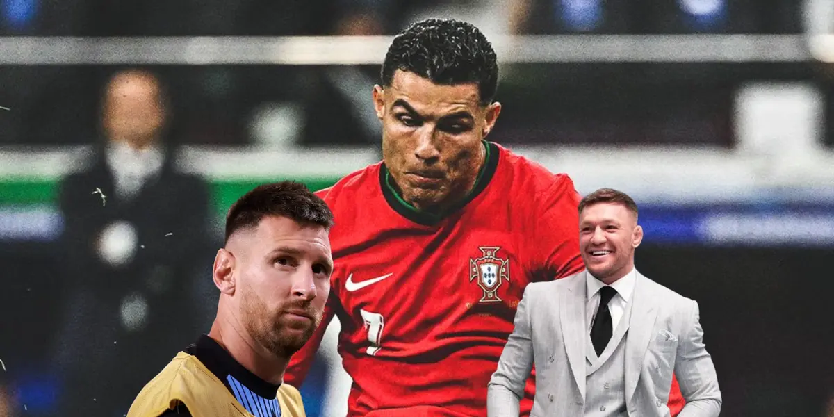 Cristiano Ronaldo looks at the ball while Lionel Messi looks up and Conor McGregor smiles as he wears a suit. (Source: GOATTWORLD X, BBC)