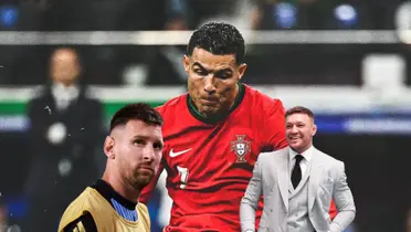 Cristiano Ronaldo looks at the ball while Lionel Messi looks up and Conor McGregor smiles as he wears a suit. (Source: GOATTWORLD X, BBC)