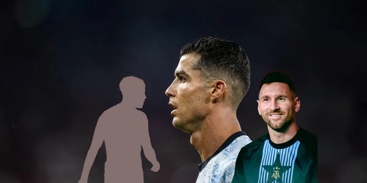 Cristiano Ronaldo looks disappointed as he wears the Portugal jersey while Lionel Messi smiles and a mystery player is next to him. (Source: GOATTWORLD X, All about Argentina X)