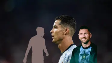 Cristiano Ronaldo looks disappointed as he wears the Portugal jersey while Lionel Messi smiles and a mystery player is next to him. (Source: GOATTWORLD X, All about Argentina X)