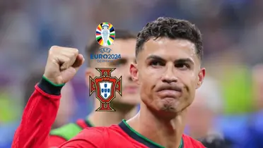 Cristiano Ronaldo looks relieved with a Portugal jersey while the Portugal national team badge and the EUROS logo is next to him. (Source: Al Nassr Zone X)