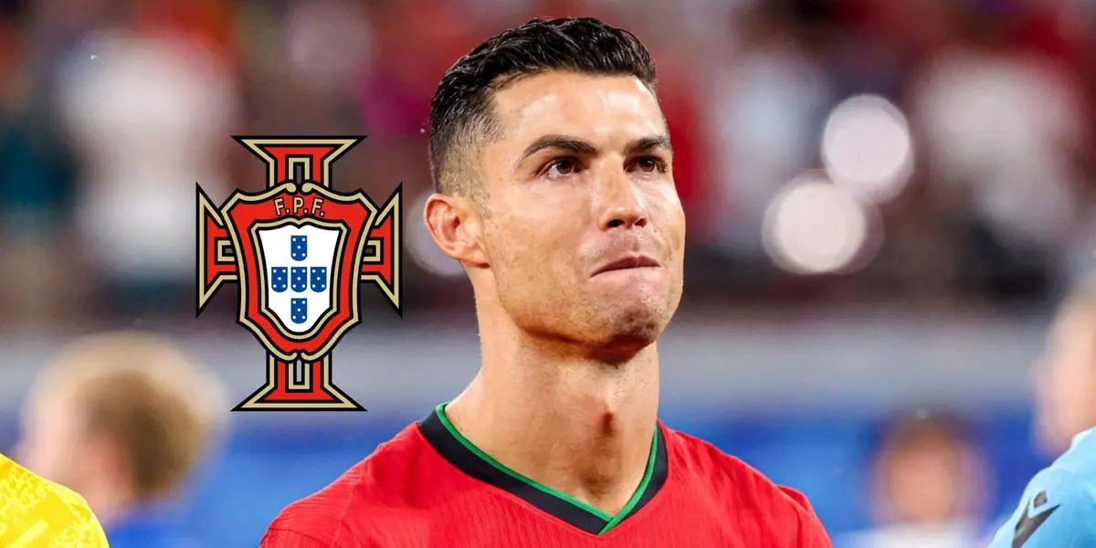 Cristiano Ronaldo looks up while wearing the Portugal jersey as the Portugal national team badge is next to him. (Source: GOATTWORLD X)