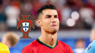 Cristiano Ronaldo looks up while wearing the Portugal jersey as the Portugal national team badge is next to him. (Source: GOATTWORLD X)