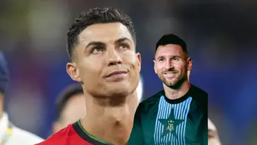 Cristiano Ronaldo looks up with a Portugal jersey on while Lionel Messi smiles with an alternative Argentina shirt. (Source: GOATTWORLD X, Messi Xtra X) 