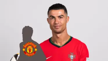 Cristiano Ronaldo poses for a picture while having the Portugal jersey on and a mystery player has the Manchester United badge on. (Source: GOATTWORLD X)