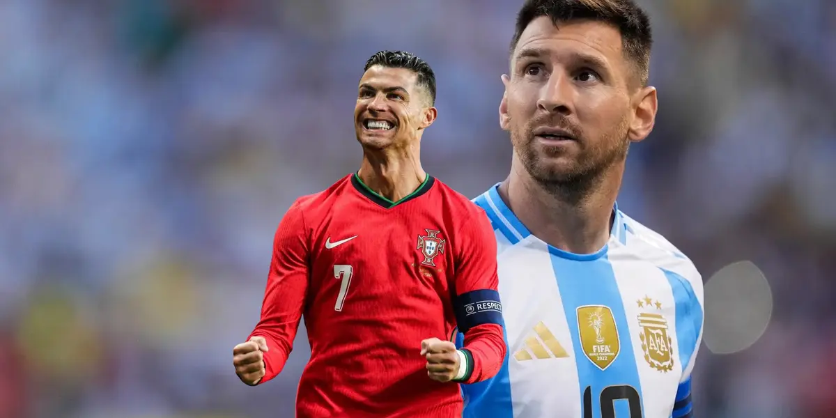 Cristiano Ronaldo smiles as he celebrates a goal while Lionel Messi looks worried and is looking up. (Source: Messi Xtra X, GOATTWORLD X)