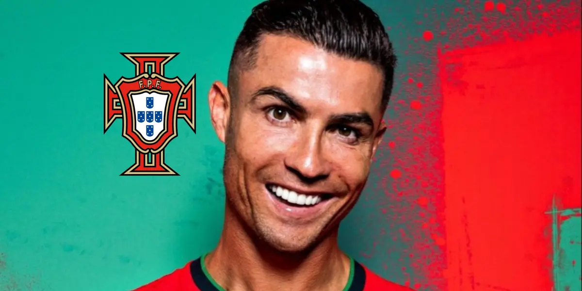 Cristiano Ronaldo smiles as he wears the Portugal national team jersey and the Portugal national team badge is next to him. (Goattworld X)