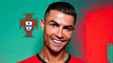 Cristiano Ronaldo smiles as he wears the Portugal national team jersey and the Portugal national team badge is next to him. (Goattworld X)