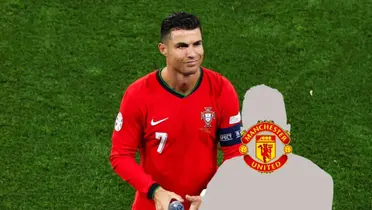 Cristiano Ronaldo smiles while he looks at the fan with a Portugal jersey on and a mystery person has the Manchester United badge. (Source: GOATTWORLD X)