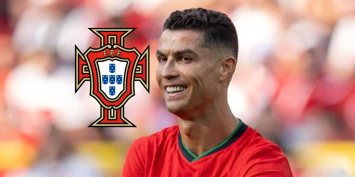 Cristiano Ronaldo smiles while he wears the Portugal national team jersey and the Portugal national team badge is next to him. (Source: GOATTWORLD X)