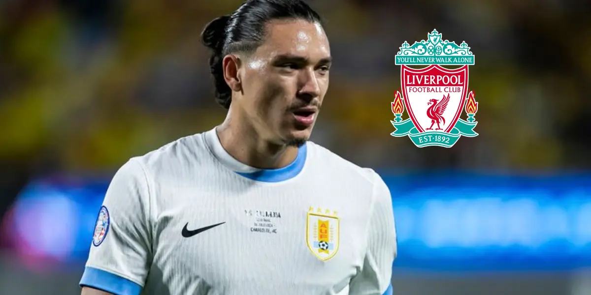 Darwin Nuñez looks serious as he wears the Uruguay jersey at the Copa America and the Liverpool badge is next to him. (Source: AP)