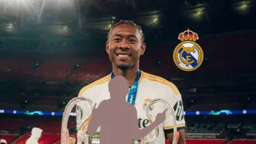 David Alaba smiles and hold the Champions League trophy while the Real Madrid badge is next to him and a mystery player is below him. (Source: David Alaba X) 