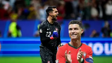 Diogo Costa celebrates his penalty save with Portugal while Cristiano Ronaldo smiles and claps as he wears the Portugal jersey. (Source: Diogo Costa X, GOATTWORLD X)