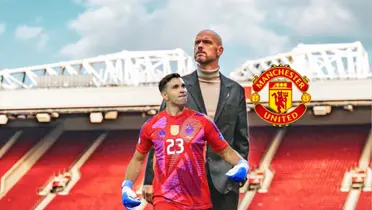 Erik Ten Hag looks up at an empty Old Trafford while the Manchester United badge is next to him and Emiliano Martinez is below him. (Source: Fabrizio Romano X)