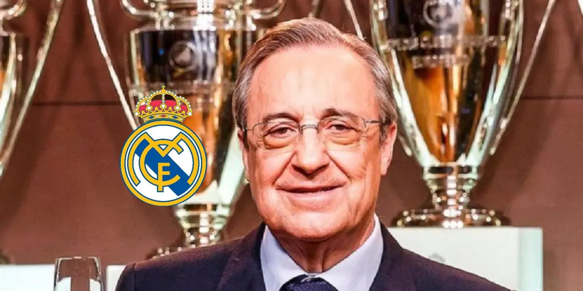 Florentino Perez smiles as he wears a suit and the Real Madrid badge is next to him. (Source: The Madrid Zone X)