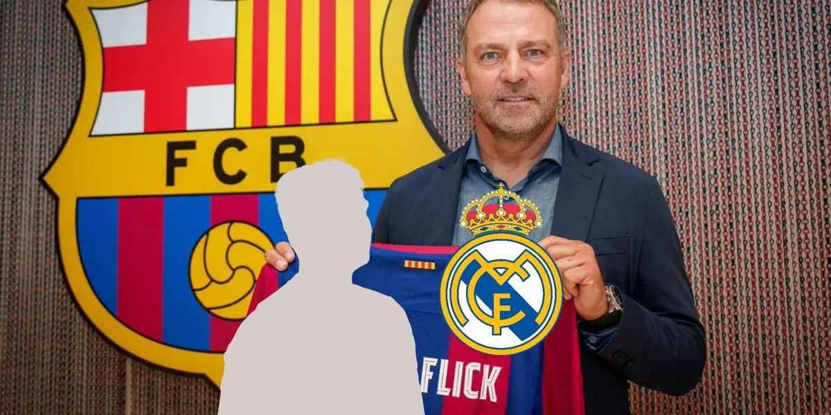 Hansi Flick holds the FC Barcelona jersey while a mystery player is next to the Real Madrid badge. (Source: Barca Universal X)