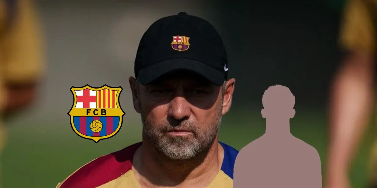 Hansi Flick wears the FC Barcelona hat during training as a mystery player and the FC Barcelona badge is next to him. (Source: Hansiflickk X)