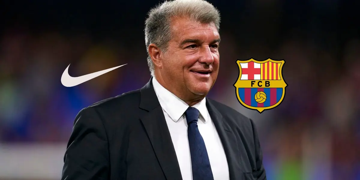 Joan Laporta smiles as the Nike logo and the FC Barcelona badge is next to him. (Source: FC Barcelona X) 