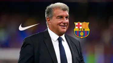 Joan Laporta smiles as the Nike logo and the FC Barcelona badge is next to him. (Source: FC Barcelona X) 