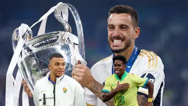 Joselu holds the Champions League trophy while Kylian Mbappé and Endrick are below him. (Source: Fabrizio Romano X)