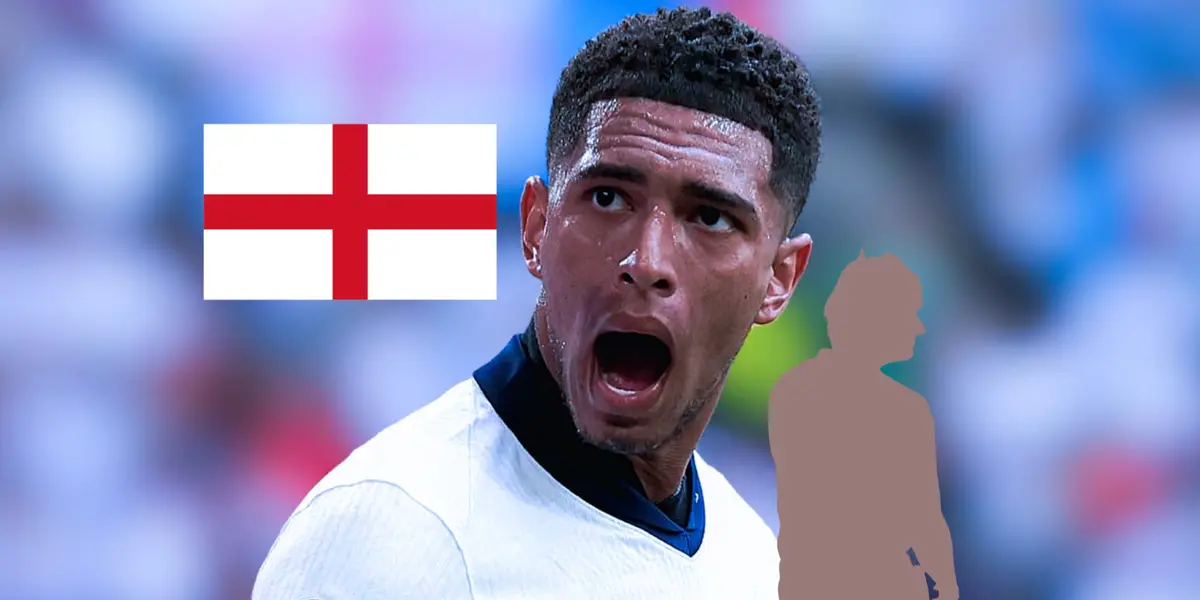 Jude Bellingham screams with joy as he played for the England national team; the England flag and a mystery person is next to him.(Source: TheMar4k X)