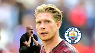 Kevin De Bruyne looks up with a Belgium jersey on while Pep Guardiola is upset and the Manchester CIty badge is next to him. (Source: BBC, Rudy Galetti X)