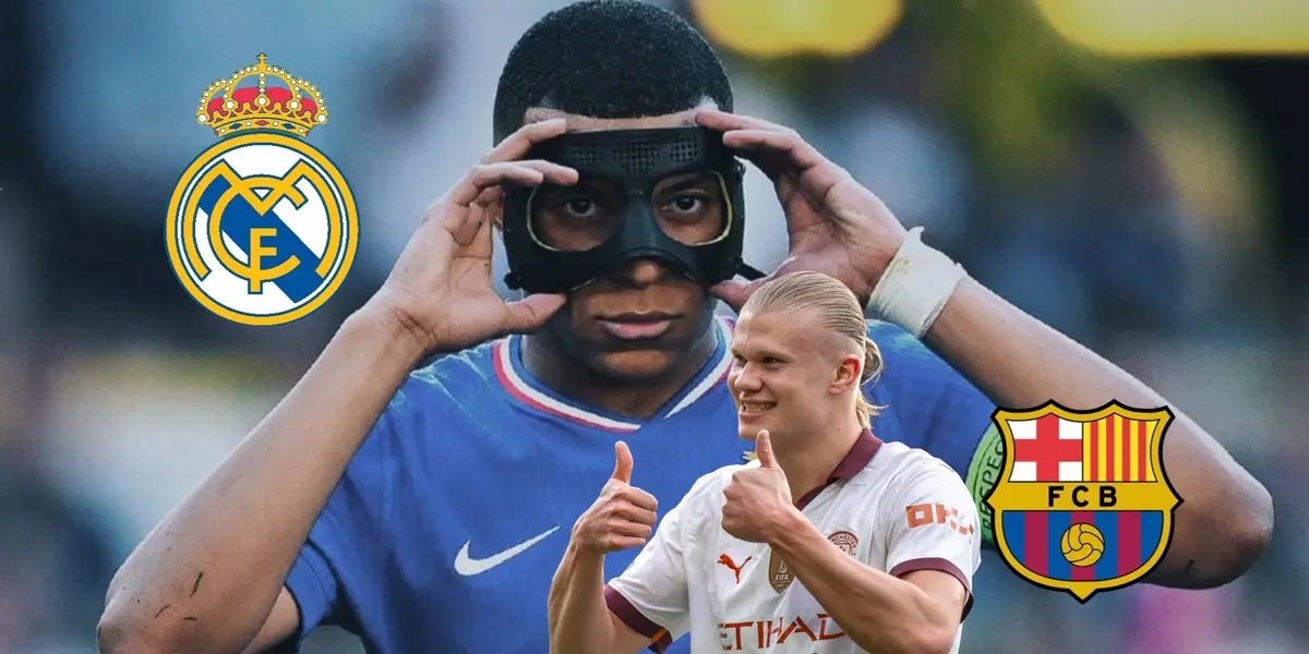Kylian Mbappé fixes his mask while Real Madrid badge is next to him and Erling Haaland smiles as the FC Barcelona badge is next to him. (Source: Madrid Xtra X, Erling Haaland X)