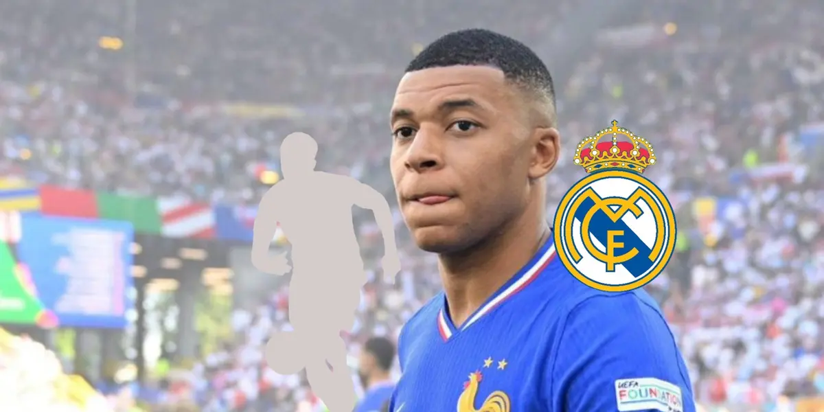 Kylian Mbappé licks his lips as he wears the France jersey and a mystery player is next to the Real Madrid badge. (Source: Madrid Xtra X)