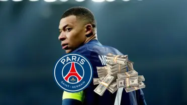 Kylian Mbappé looks back while he wears the PSG jersey; the PSG badge and money is below him. (Source: KM10 Zone X)