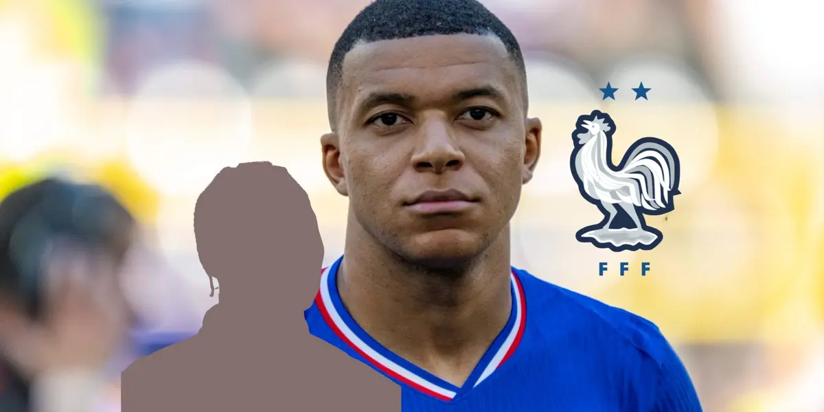 Kylian Mbappé looks serious as he wears the France jersey while a mystery player is next to him and the French national team badge is next to him. (Source: Actu Foot X)