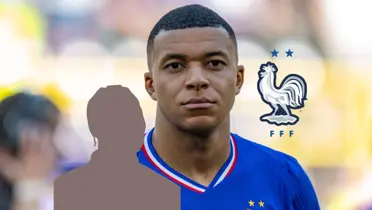 Kylian Mbappé looks serious as he wears the France jersey while a mystery player is next to him and the French national team badge is next to him. (Source: Actu Foot X)