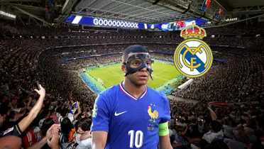 Kylian Mbappé looks serious as he wears the mask while the Real Madrid badge is on top and the Santiago Bernabeu is stacked with fans. (Source: Real Madrid, Getty Images)