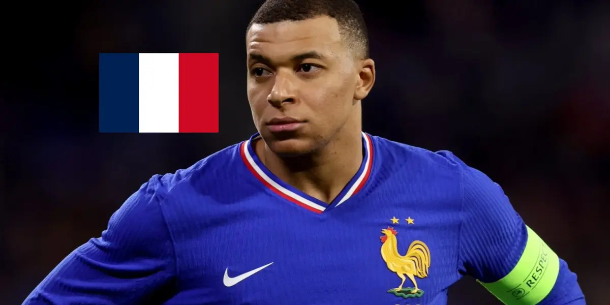 Kylian Mbappé looks serious while he wears the France jersey and the French flag is next to him. (Source: KM 10 Zone X)