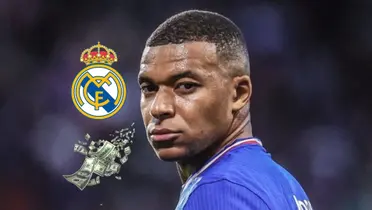 Kylian Mbappé looks serious with a France jersey on while the Real Madrid badge is next to him and money is below it. (Source: KM10 Zone X)