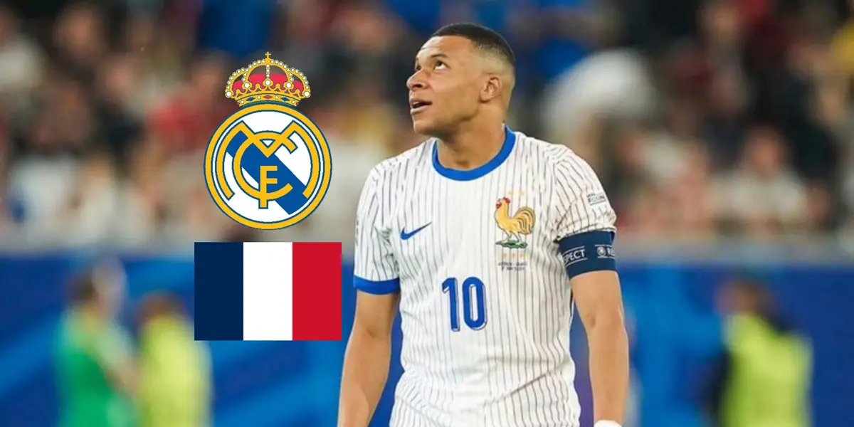 Kylian Mbappé looks up in disappointed while the Real Madrid badge and the French flag is next to him. (Source: UEFA EURO 2024 X)
