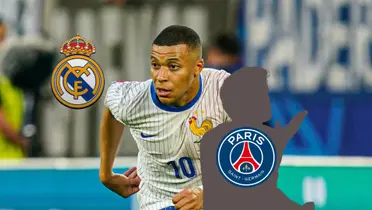 Kylian Mbappé runs while wearing the white France jersey and the Real Madrid badge is next to him; a mystery player has the PSG badge. (Source: Real Madrid X)