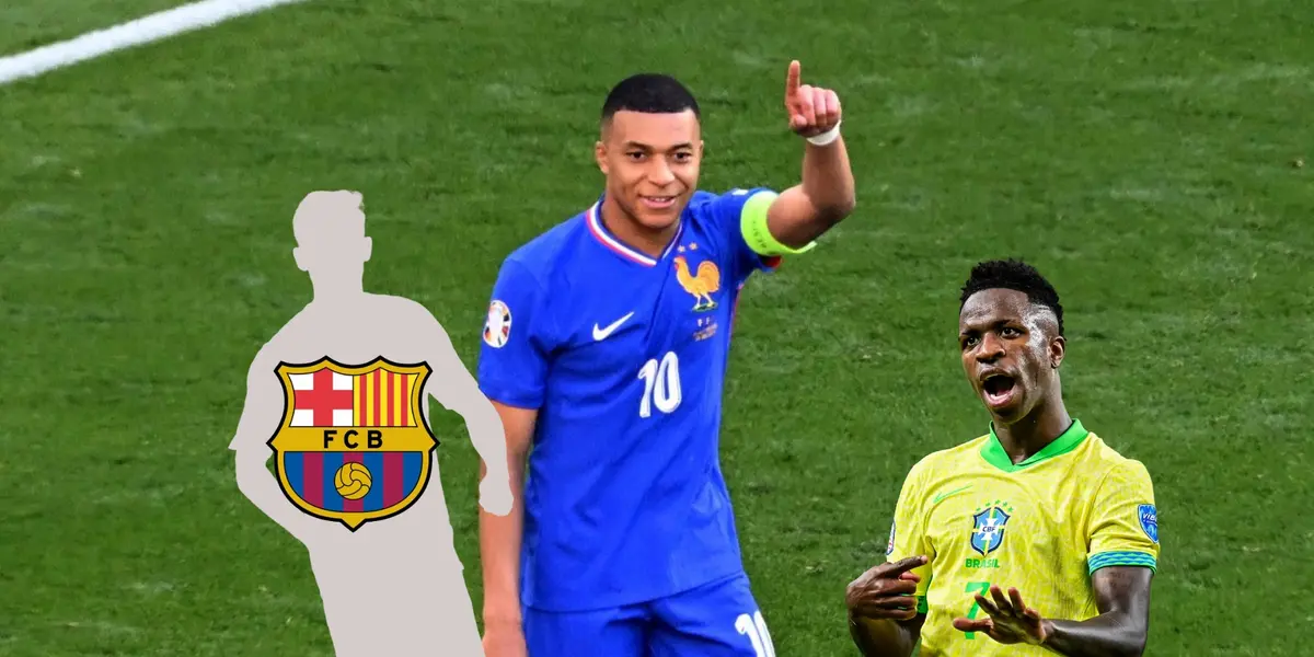 Kylian Mbappé smiles and points up with a France jersey on while Vinicius Jr. celebrates his goal with the Brazil jersey on; a mystery player has the FC Barcelona badge on him. (Source: X, BR Football X)